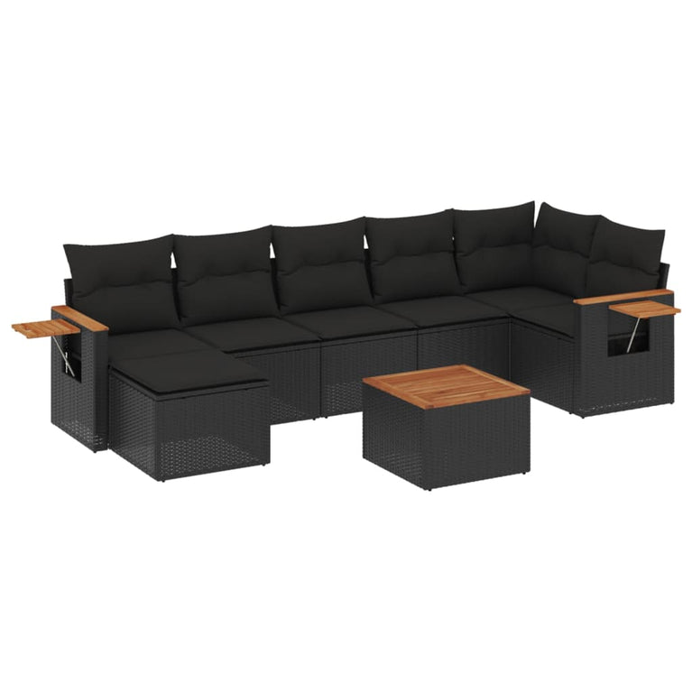 8-delige Loungeset met kussens poly rattan zwart