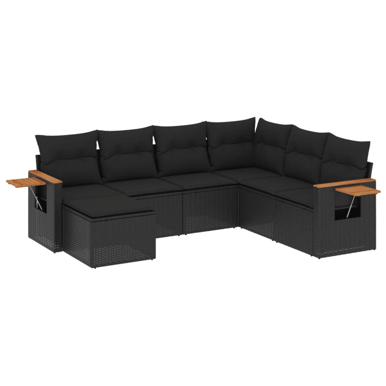 7-delige Loungeset met kussens poly rattan zwart