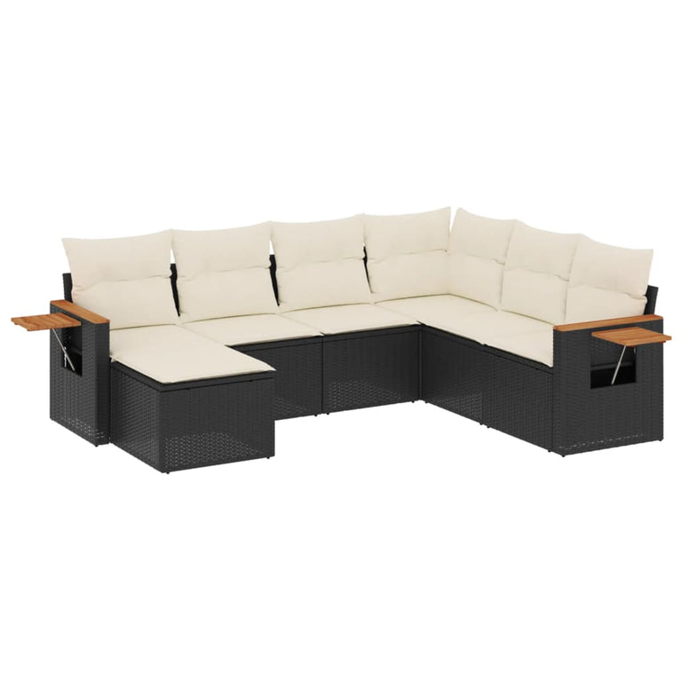 7-delige Loungeset met kussens poly rattan zwart