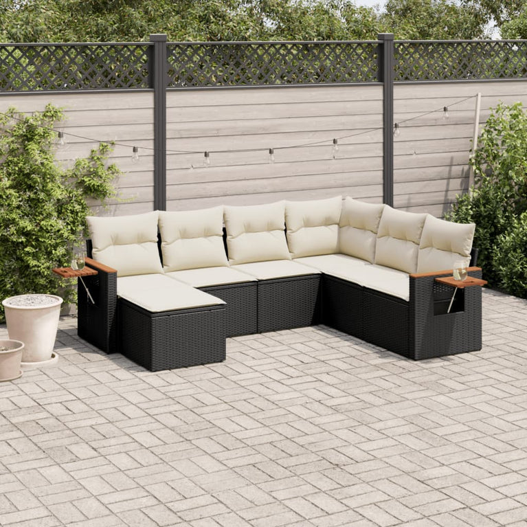 7-delige Loungeset met kussens poly rattan zwart