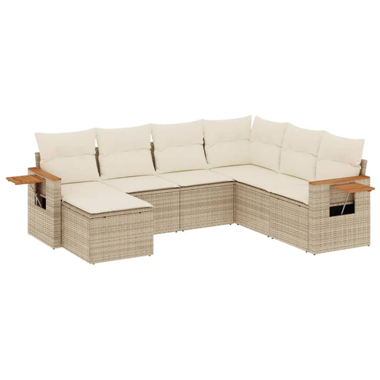 7-delige Loungeset met kussens poly rattan beige