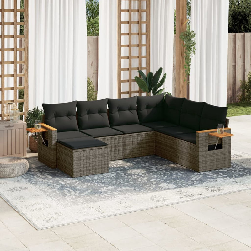 7-delige Loungeset met kussens poly rattan grijs