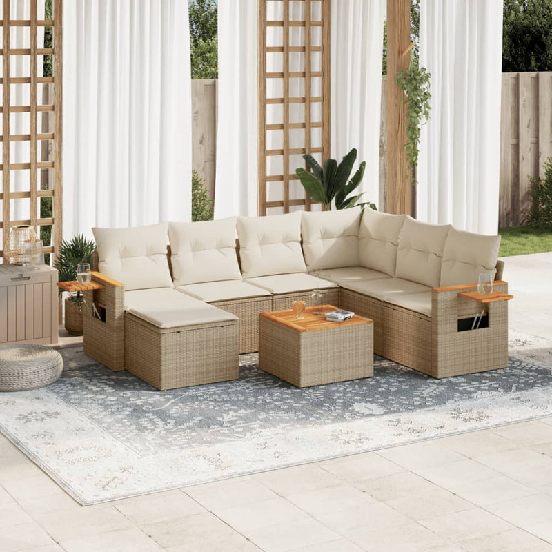 8-delige Loungeset met kussens poly rattan beige