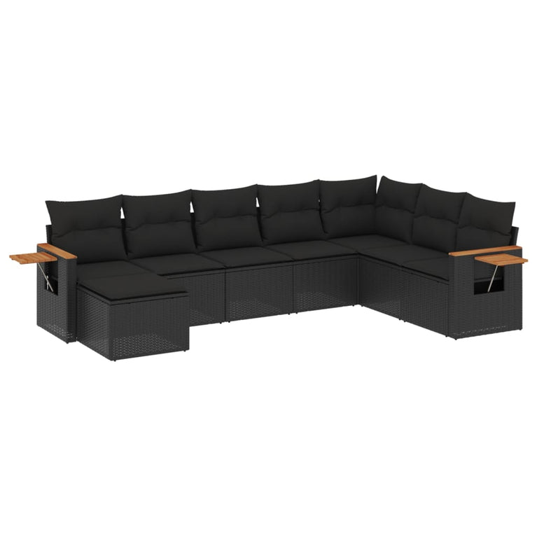 8-delige Loungeset met kussens poly rattan zwart