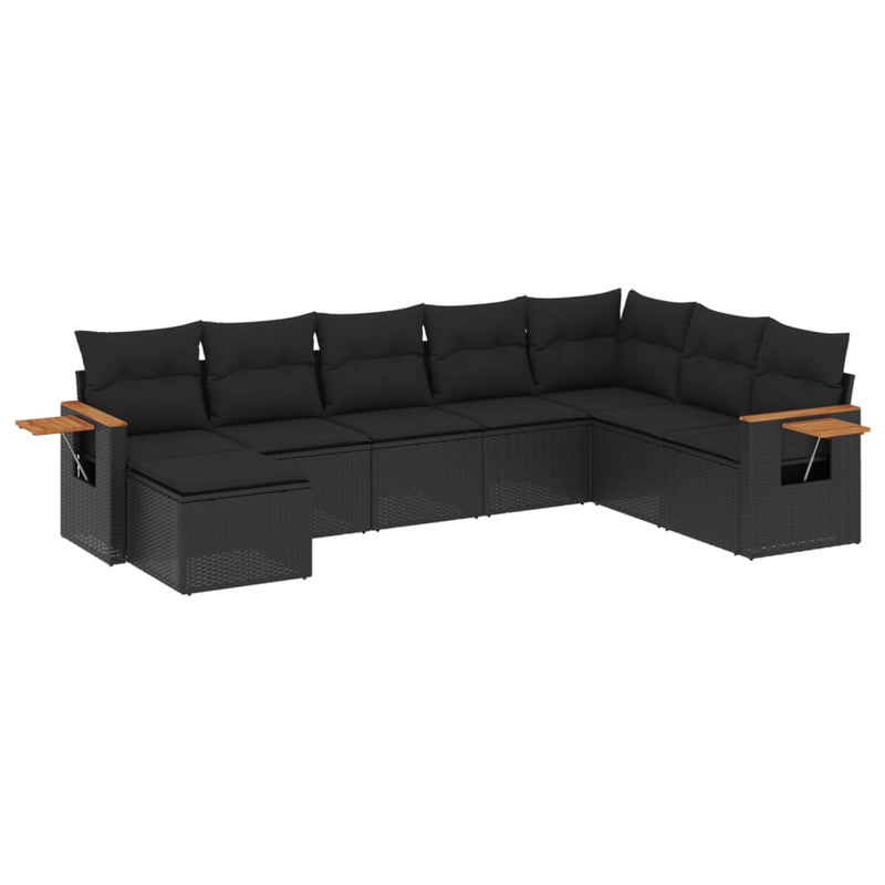 8-delige Loungeset met kussens poly rattan zwart