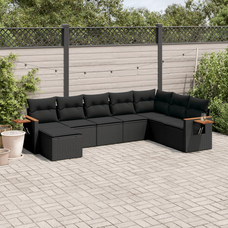 8-delige Loungeset met kussens poly rattan zwart