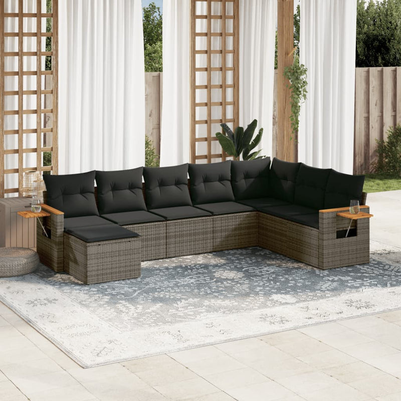 8-delige Loungeset met kussens poly rattan grijs