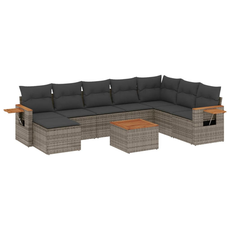 9-delige Loungeset met kussens poly rattan grijs