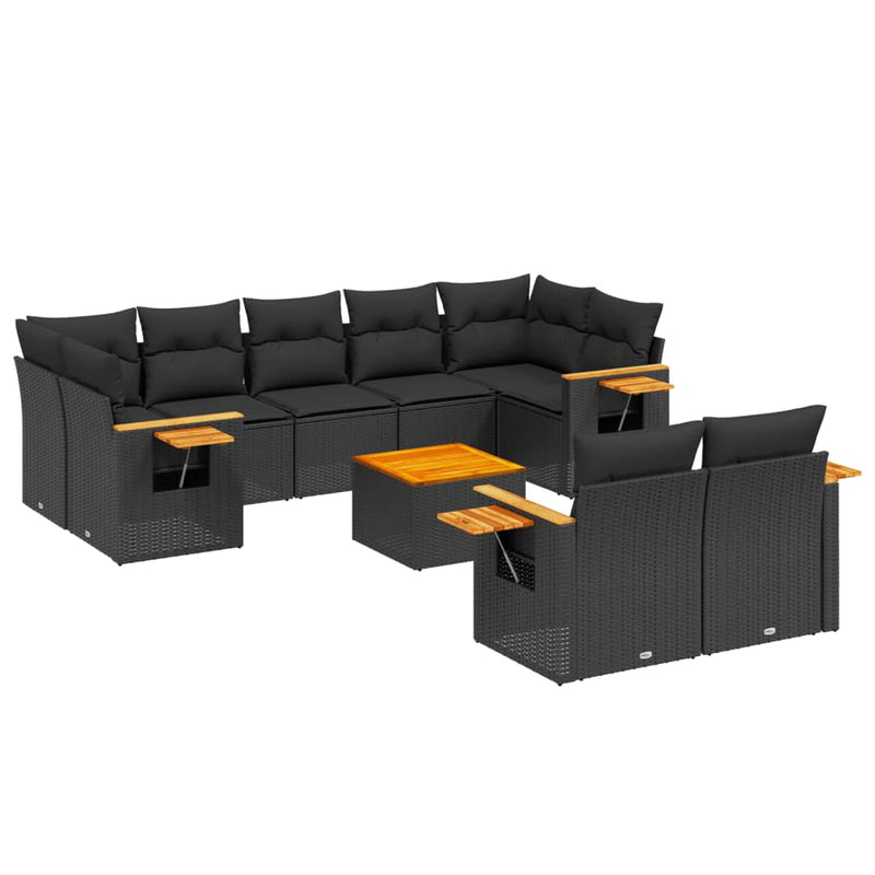 10-delige Loungeset met kussens poly rattan zwart