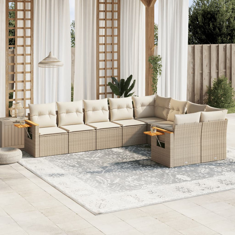 9-delige Loungeset met kussens poly rattan beige