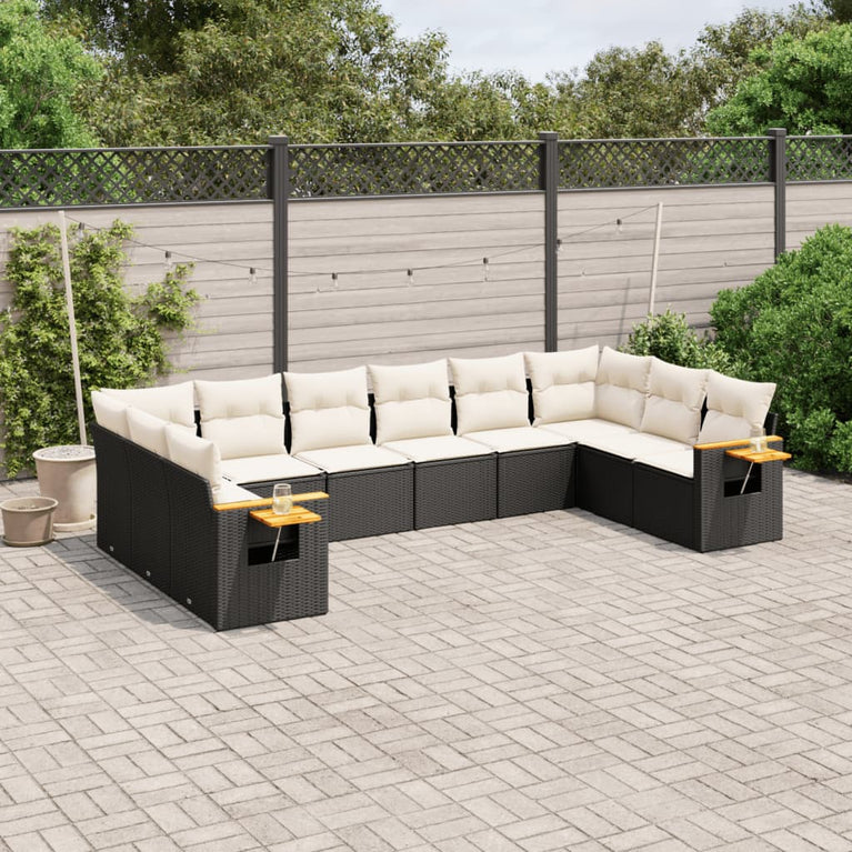 10-delige Loungeset met kussens poly rattan zwart