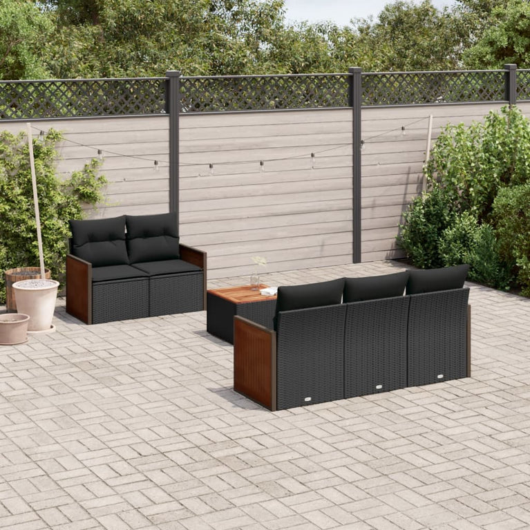 6-delige Loungeset met kussens poly rattan zwart