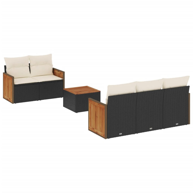 6-delige Loungeset met kussens poly rattan zwart