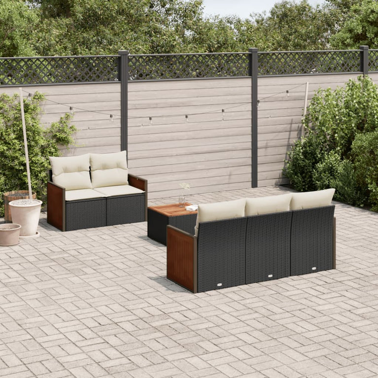 6-delige Loungeset met kussens poly rattan zwart