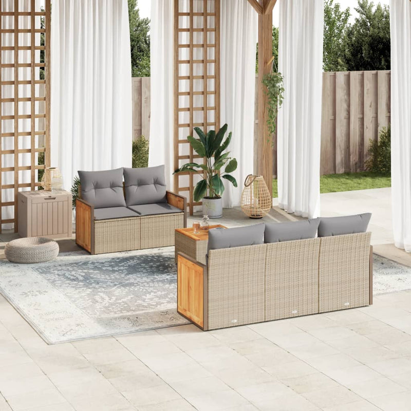 6-delige Loungeset met kussens poly rattan beige