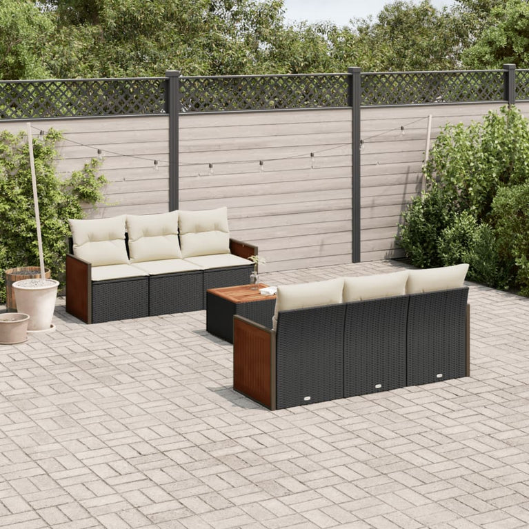 7-delige Loungeset met kussens poly rattan zwart