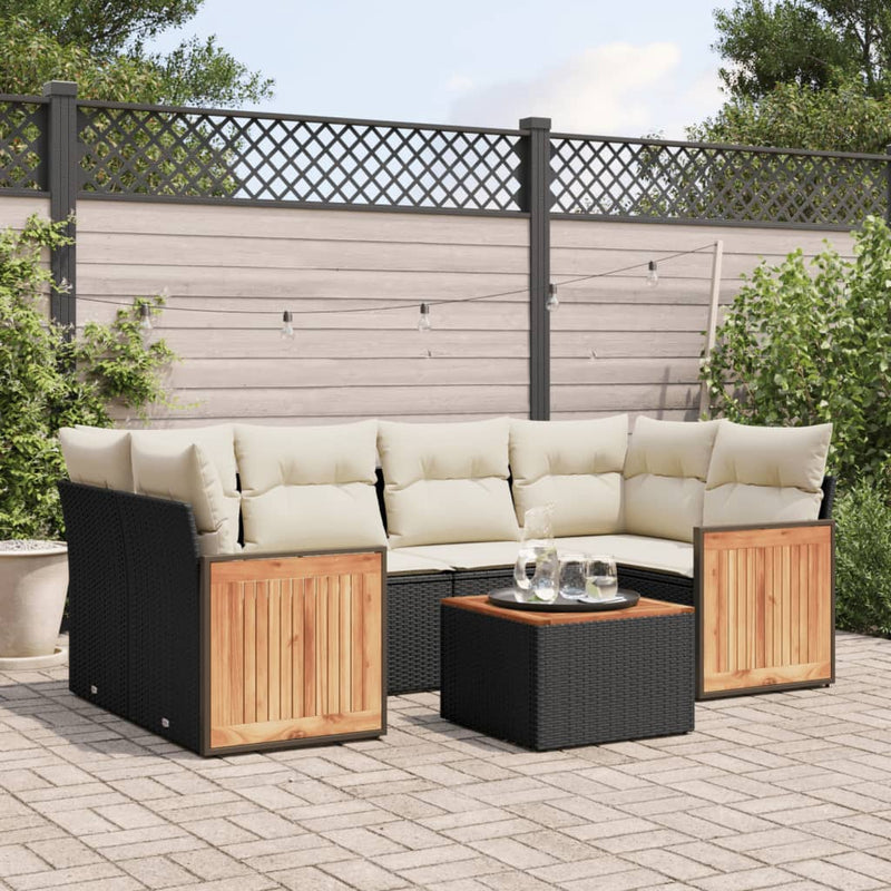 7-delige Loungeset met kussens poly rattan zwart