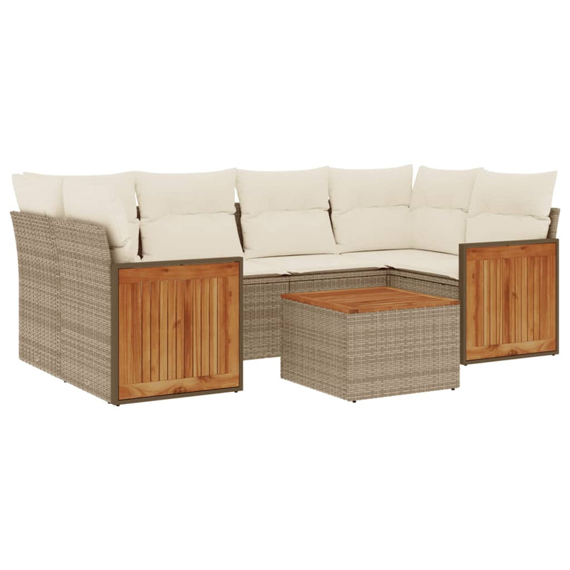 7-delige Loungeset met kussens poly rattan beige
