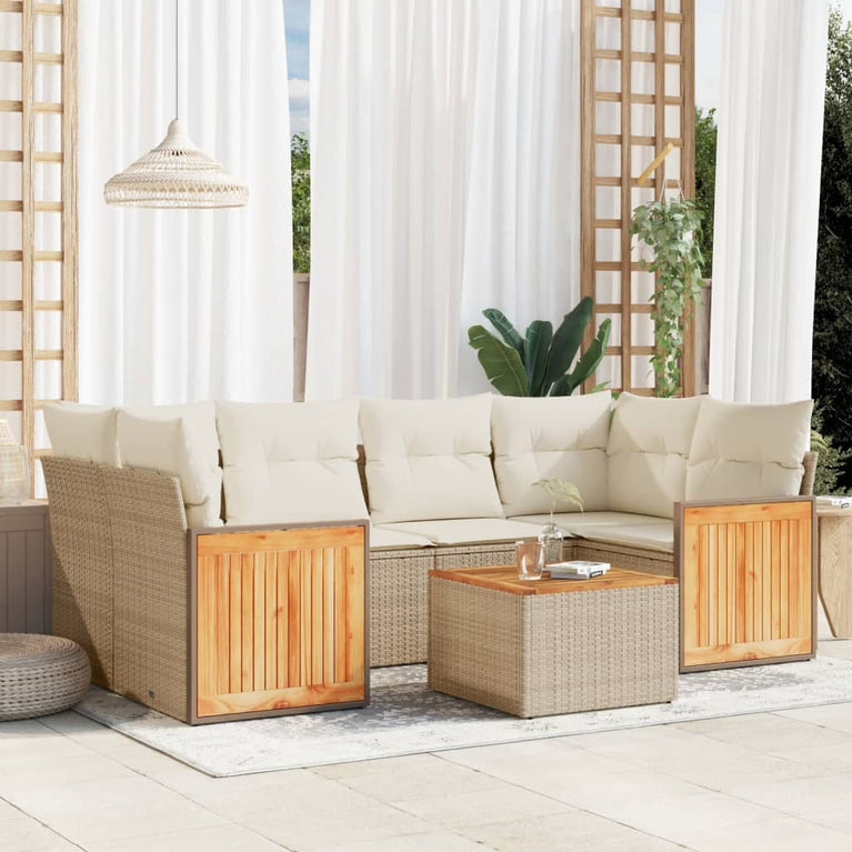 7-delige Loungeset met kussens poly rattan beige