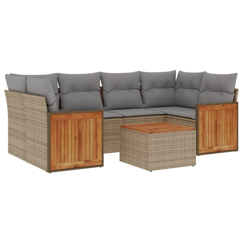7-delige Loungeset met kussens poly rattan beige