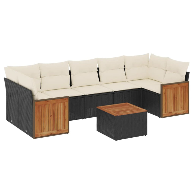 8-delige Loungeset met kussens poly rattan zwart