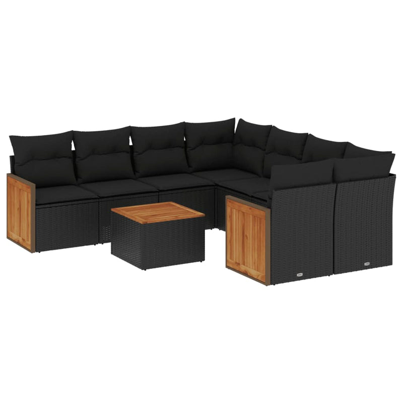 9-delige Loungeset met kussens poly rattan zwart