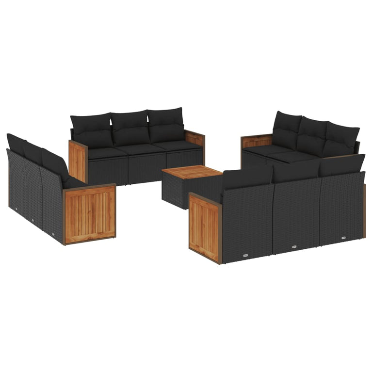 13-delige Loungeset met kussens poly rattan zwart