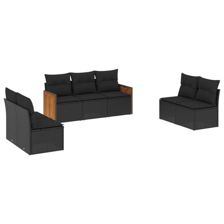 7-delige Loungeset met kussens poly rattan zwart