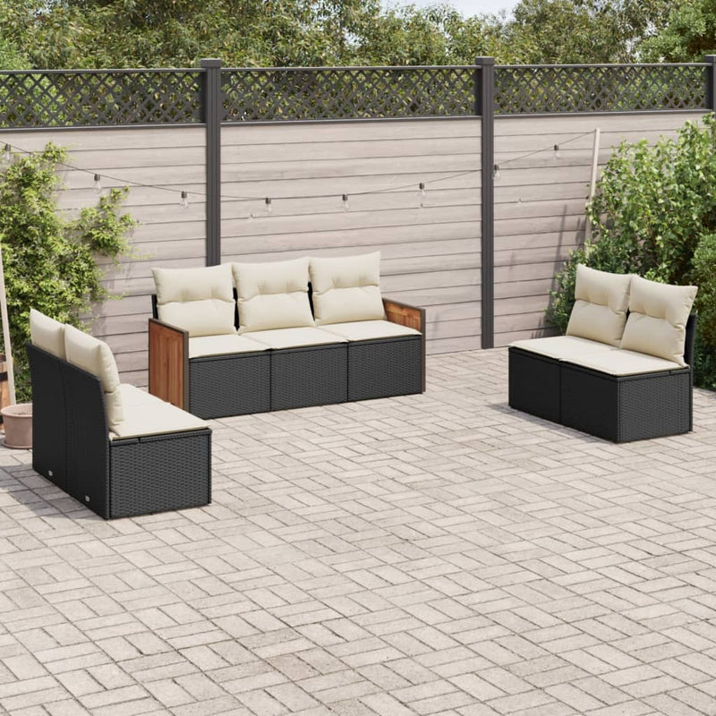 7-delige Loungeset met kussens poly rattan zwart