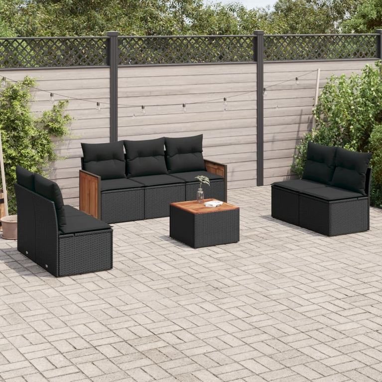 8-delige Loungeset met kussens poly rattan zwart