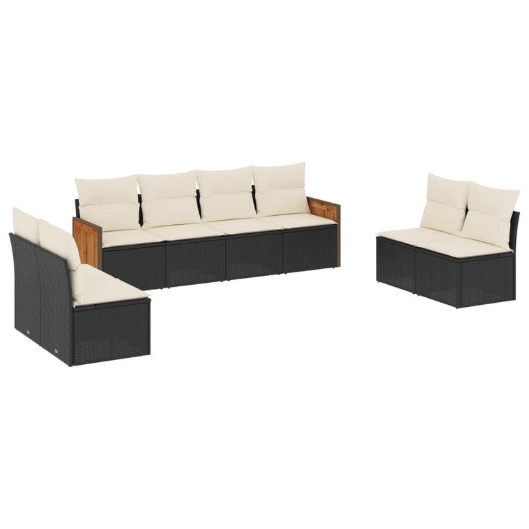 8-delige Loungeset met kussens poly rattan zwart