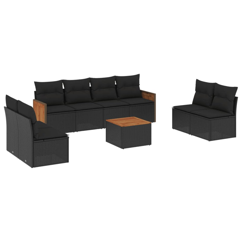 9-delige Loungeset met kussens poly rattan zwart