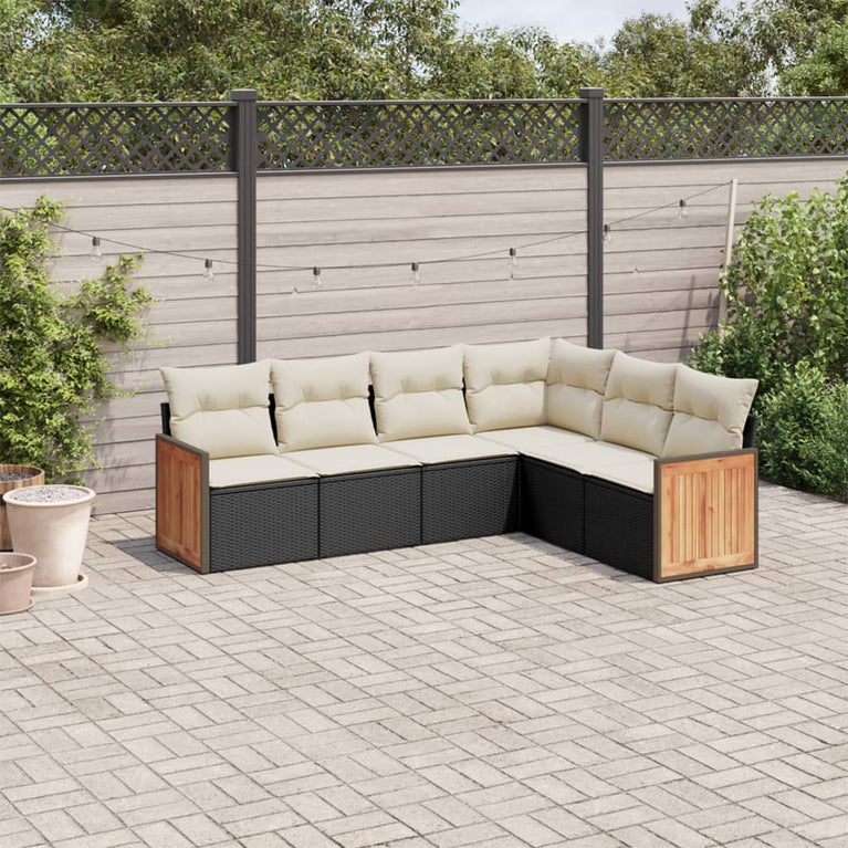 6-delige Loungeset met kussens poly rattan zwart