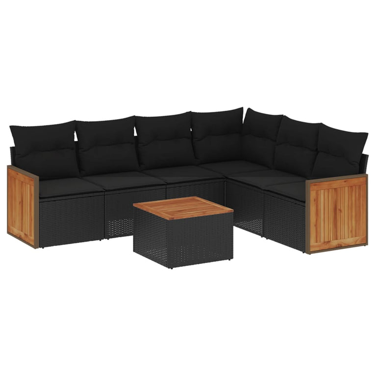 7-delige Loungeset met kussens poly rattan zwart