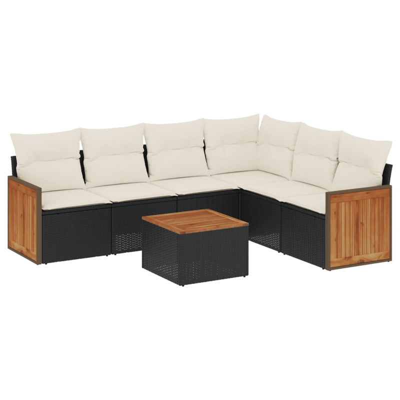 7-delige Loungeset met kussens poly rattan zwart