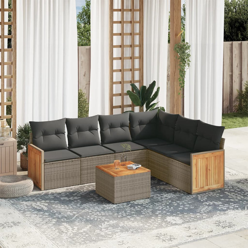 7-delige Loungeset met kussens poly rattan grijs