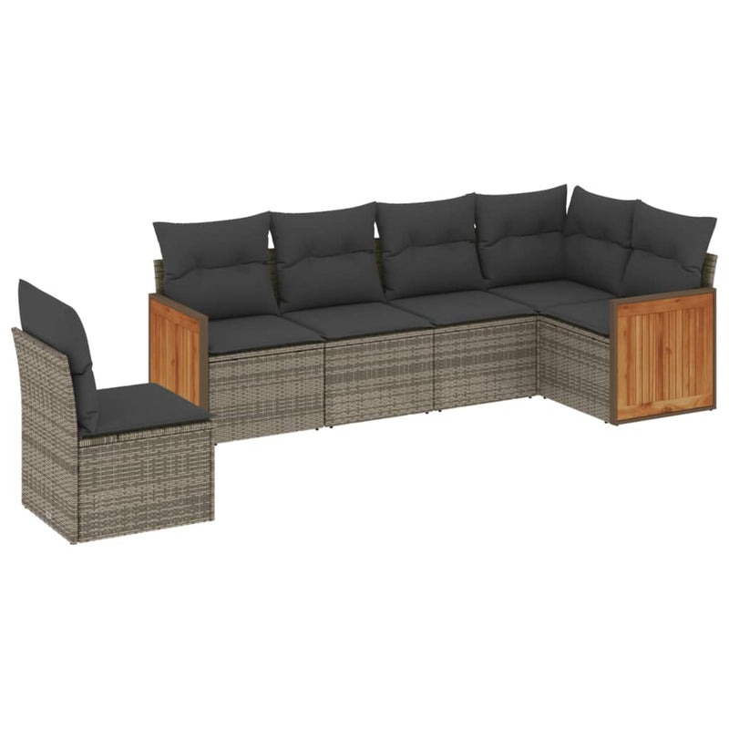 6-delige Loungeset met kussens poly rattan grijs