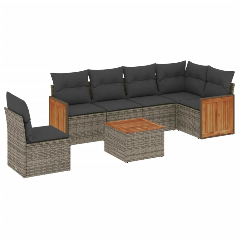 7-delige Loungeset met kussens poly rattan grijs