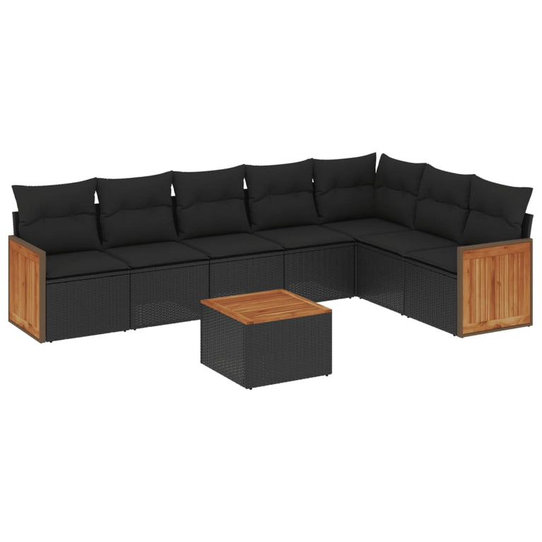 8-delige Loungeset met kussens poly rattan zwart