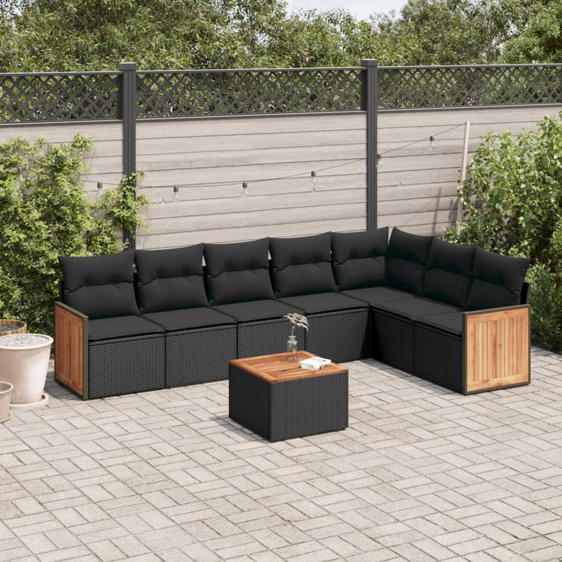 8-delige Loungeset met kussens poly rattan zwart