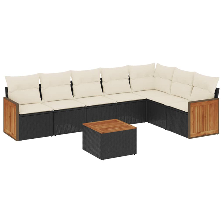 8-delige Loungeset met kussens poly rattan zwart