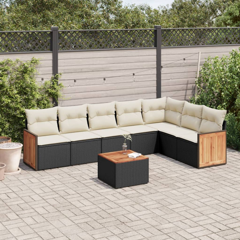 8-delige Loungeset met kussens poly rattan zwart