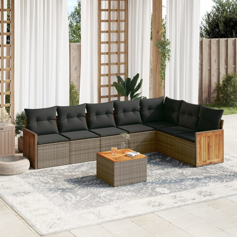 8-delige Loungeset met kussens poly rattan grijs