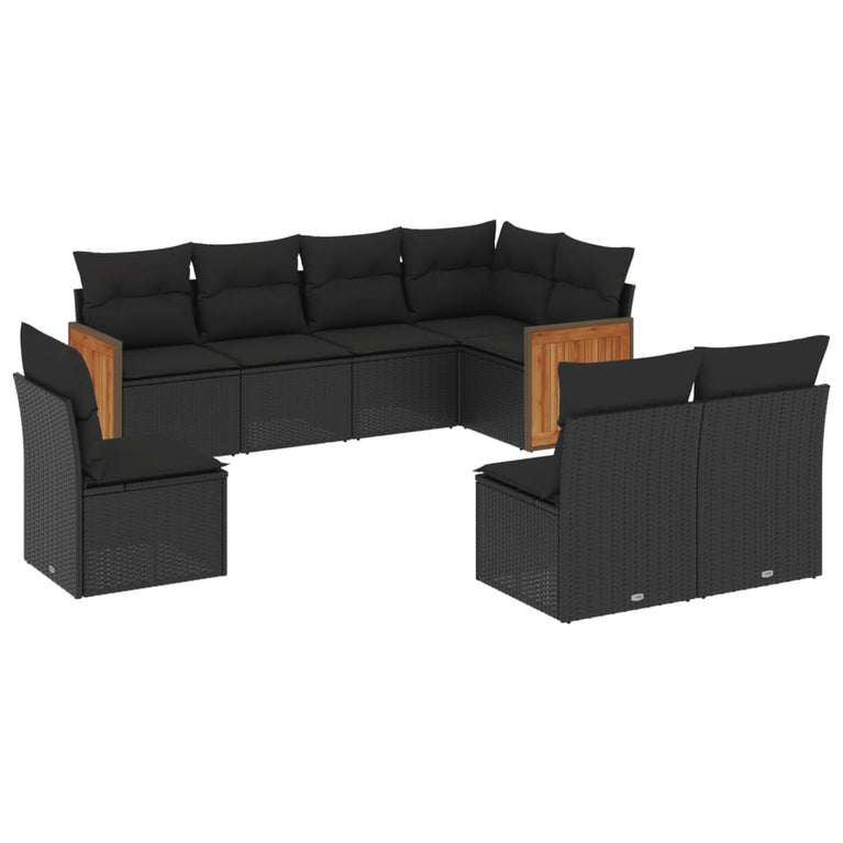 8-delige Loungeset met kussens poly rattan zwart