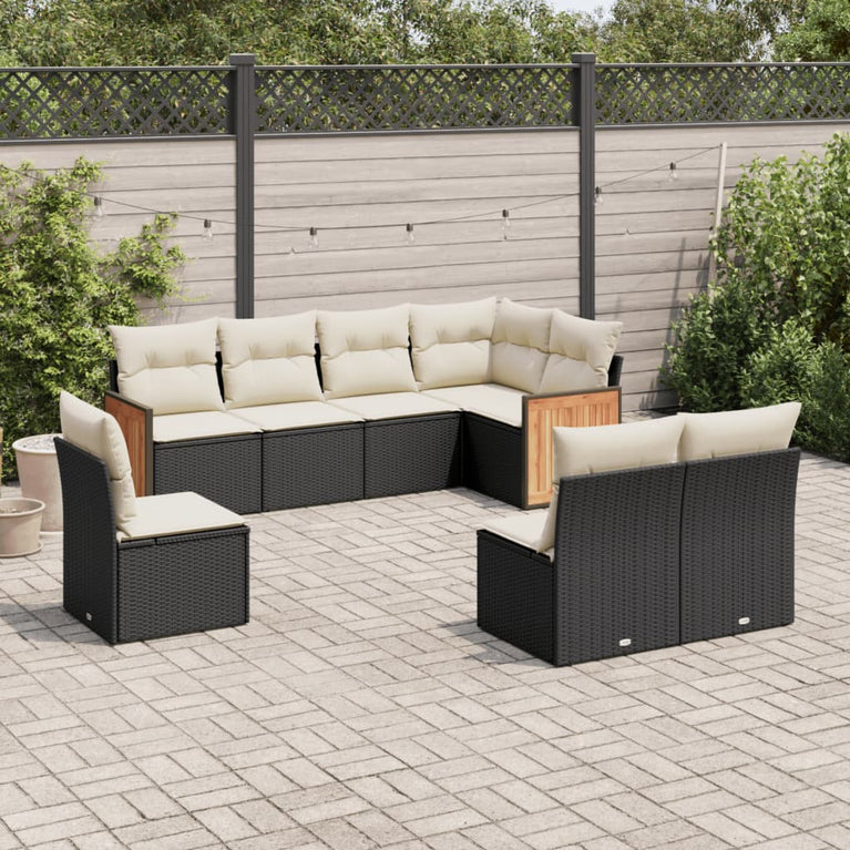 8-delige Loungeset met kussens poly rattan zwart