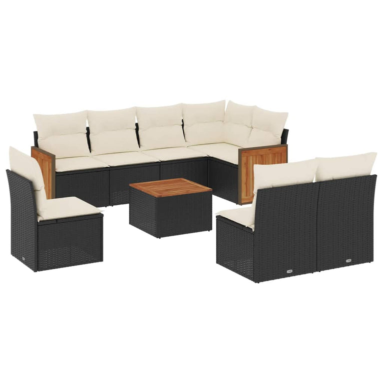 9-delige Loungeset met kussens poly rattan zwart
