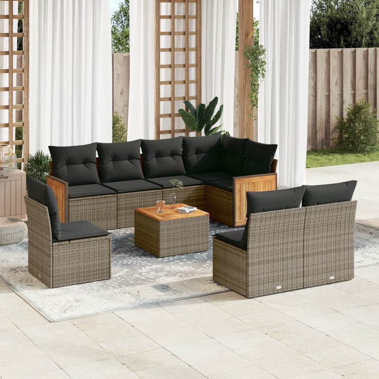 9-delige Loungeset met kussens poly rattan grijs