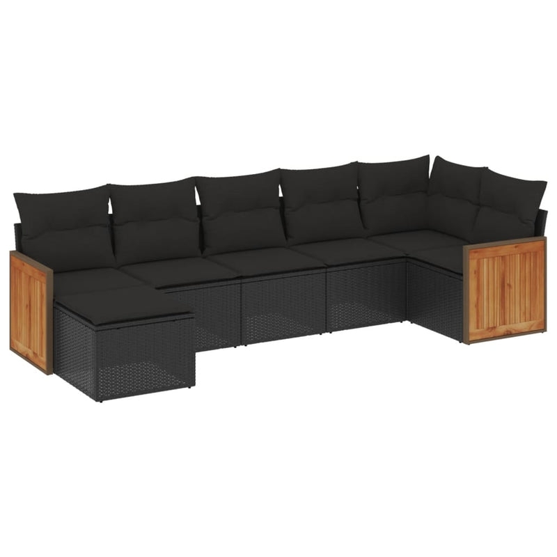 7-delige Loungeset met kussens poly rattan zwart
