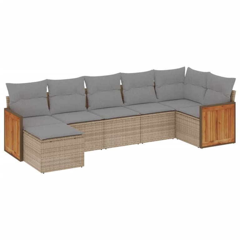 7-delige Loungeset met kussens poly rattan beige
