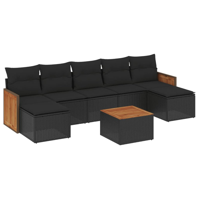 8-delige Loungeset met kussens poly rattan zwart